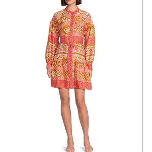 Alex Marie Wren Banded Collar Long Sleeve Tie Waist A-Line Button Front Dress
